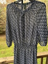 Lauren Ralph Lauren Sheer Dress Cottage Sz 8 Navy Blue White Floral 3/4 Sleeve