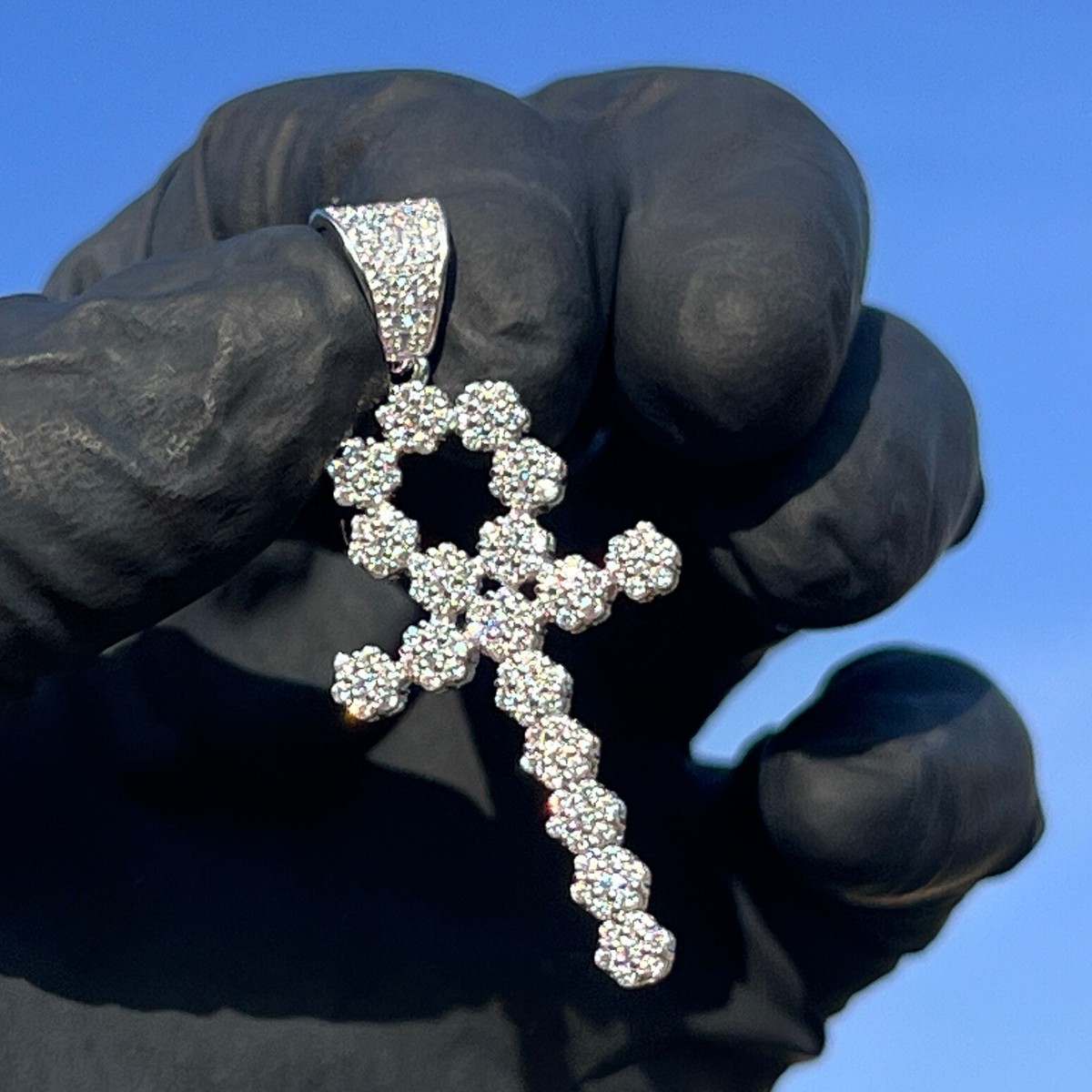 Real Solid 925 Sterling Silver Flower Tennis Cross CZ Iced - Main Image