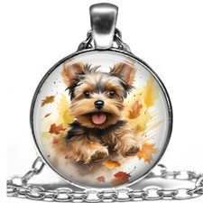 Nostalgic Charm Autumn Yorkie Puppy Necklace Watercolor Yorkshire Terrier Dog