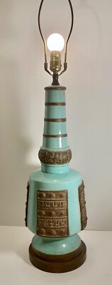 MCM Turquoise & Low Relief Art Pottery Lamp By, or In the Style of JAMES MONT