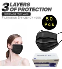 50 PCS 3-Ply Disposable Black Face Mask Non-Medical  Earloop Mouth Cover