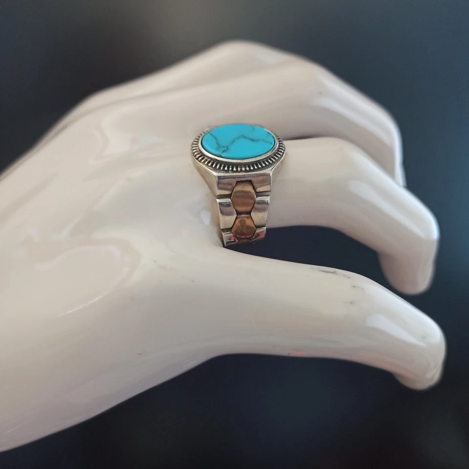 Anillo Reloj Hombre Correa Turquesa Retro Plata 925 Bronce Ovalado 12.5 Regalo Atemporal Foto 2 de 4