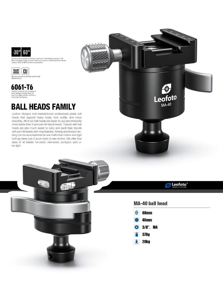 Leofoto MA-40 40mm Rapid Lock Ball Head w Arca /Picatinny Clamp - Image 3 of 4