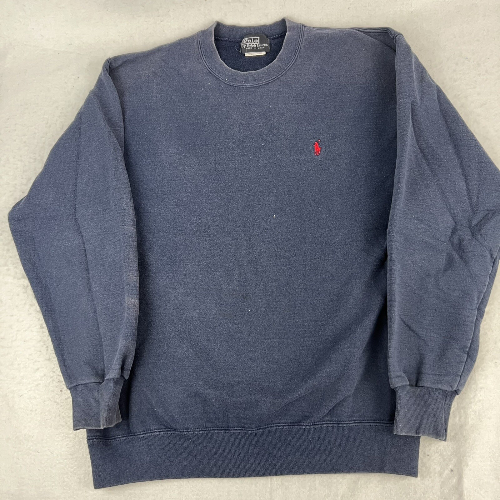 Vintage POLO Ralph Lauren S felpa girocollo blu sbiadito invecchiato USA Pony