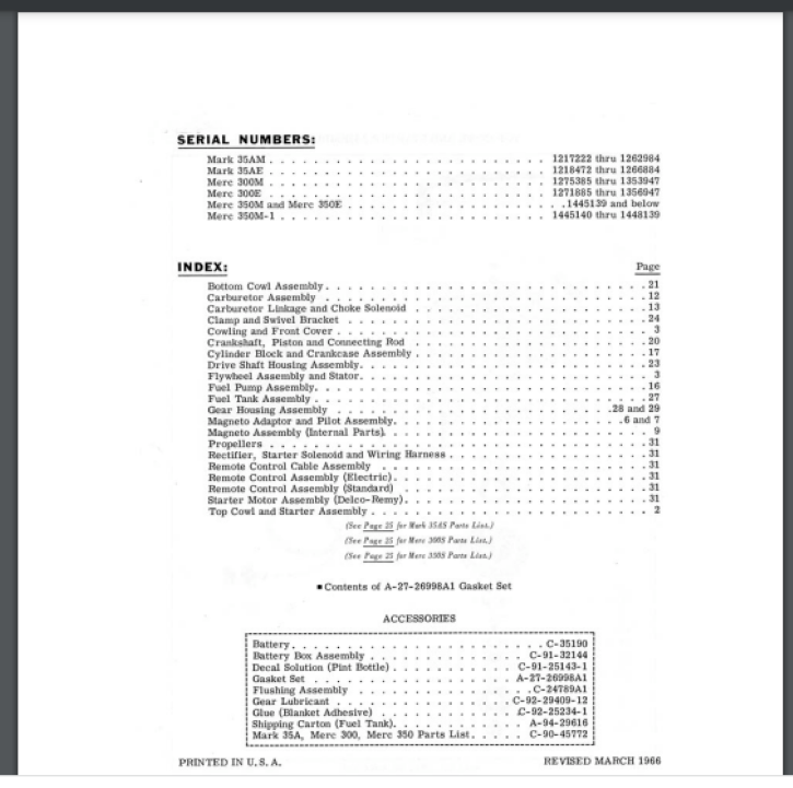 Mercury Outboard Mark 35 thru Merc 350 Parts List manual 1966 33