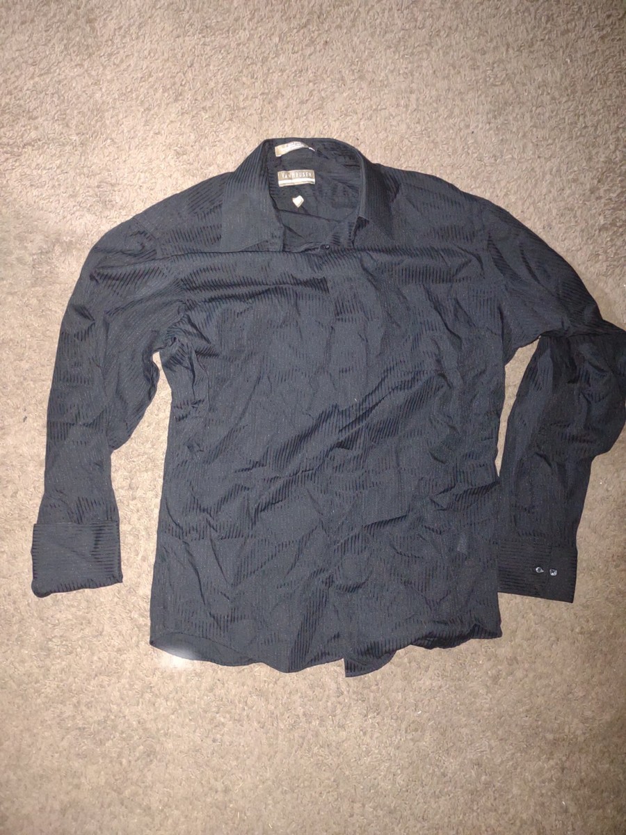 Van Heusen Dress Shirt Mens 16 1/2 Button-Up Black Satin Stripe Pockets  Fitted