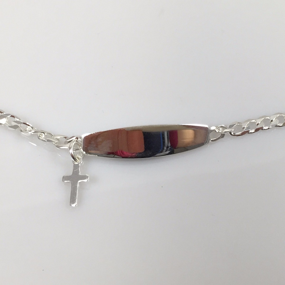 925 Sterling Silver Personalised Baby ID Cross Charm Bracelet FREE