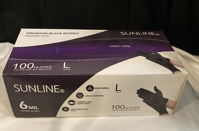 Sunline Premium Black Nitrile Disposable Gloves (6mil)  Size L, 100 Count