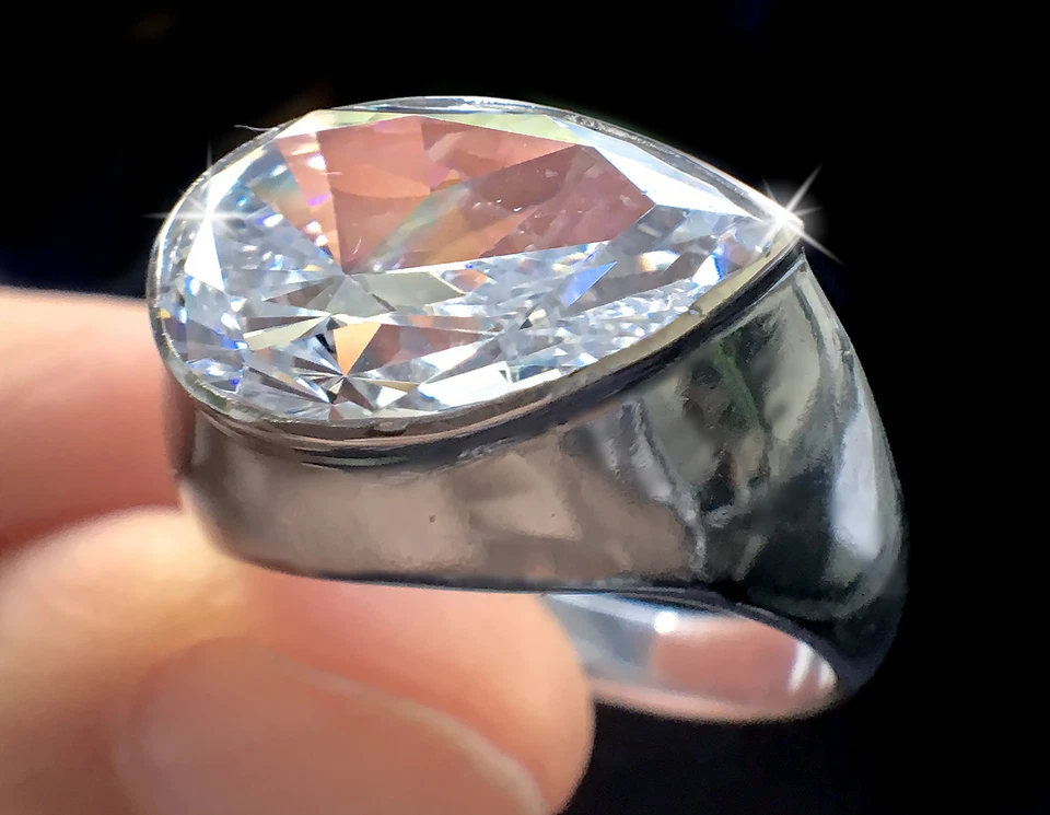 7 Kt Sfavillanti Grande Pera Anello Superiore Vintage Czsterling Argento S 11 - Immagine 3 di 4