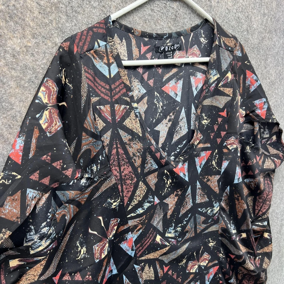 Volcom Shirt Women Medium Black Pink V Neck Casual Geometric Blouse Tunic Top - Image 3 of 4