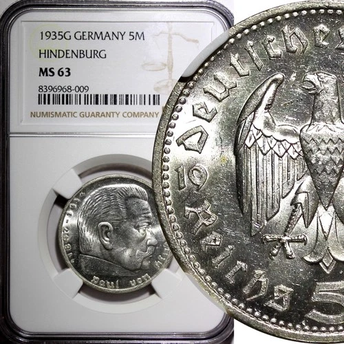 Germany-Third Reich Silver 1935 G 5 Reichsmark NGC MS63 Hindenburg KM# 86 (09)