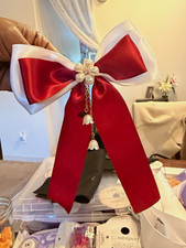 Red  White Solid Satin Hair Bow w/ Beaded Flower Center  Rhinestone Charms