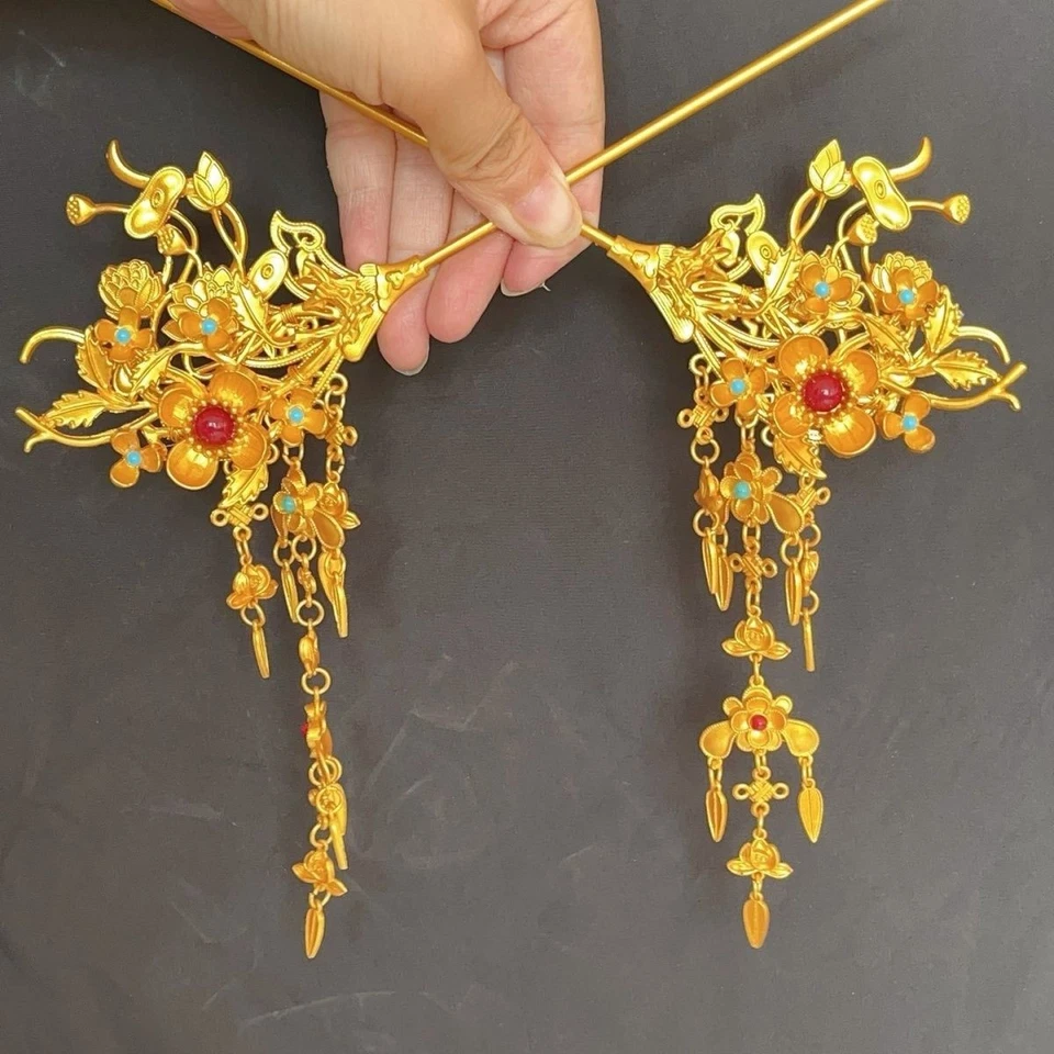 Handmade Double Lotus Tassel Hairpin Chinese Hanfu Bridal Wedding Headdress - Image 2 of 3