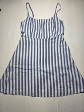 Old Navy Size Medium Blue And White Striped Dress Linen Blend Back Smocking