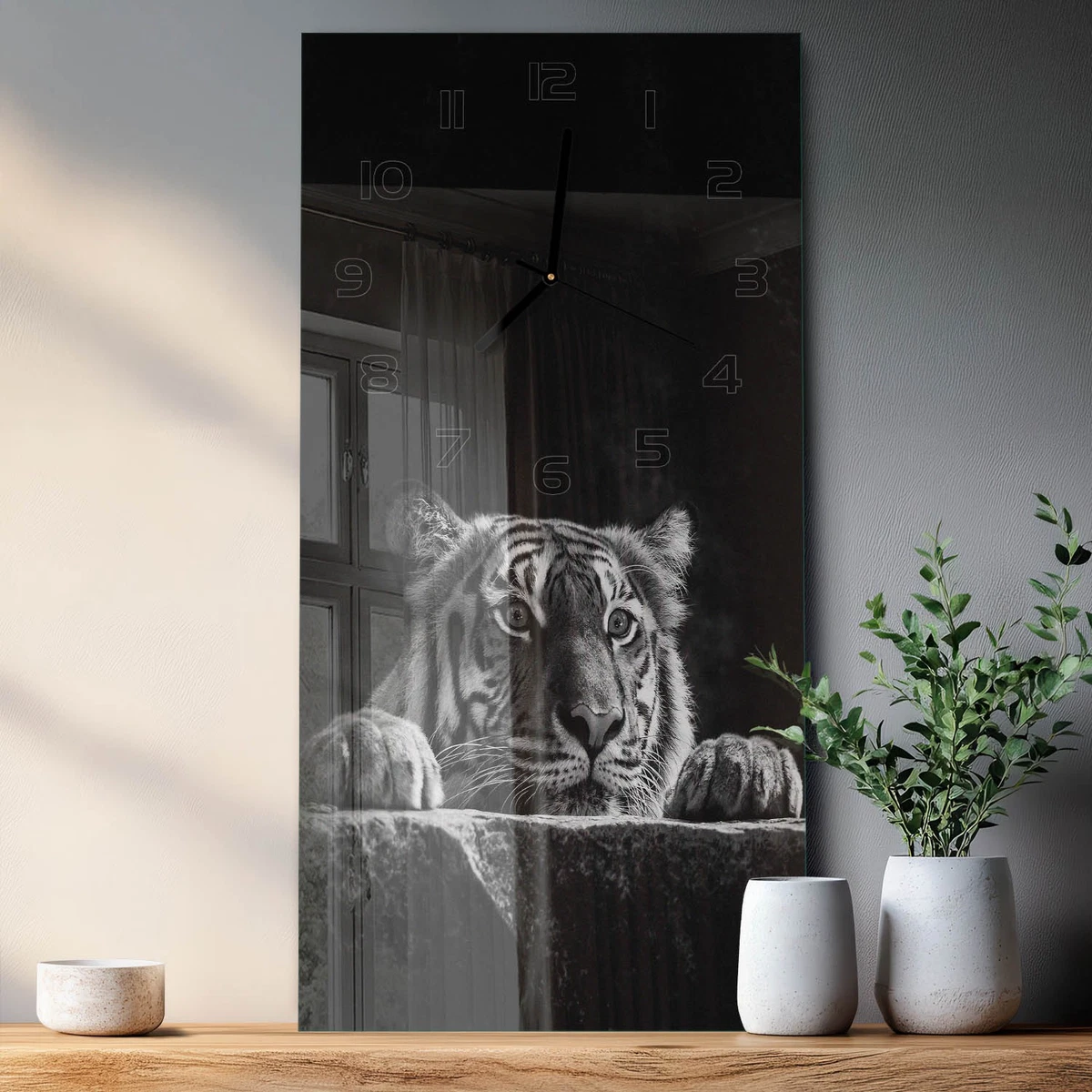 Reloj de Pared Rectangular Vertical de Vidrio con Diseño Elegante Tigre 30x60 cm