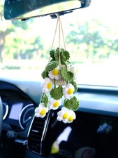 Crochet Daisy Flower Car Mirror Hanging, Handmade Rearview Ornament, Car Decor