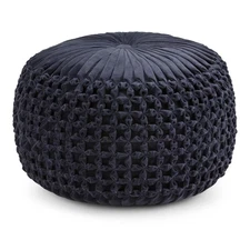 Renee Boho Round Pouf in Navy Velvet Fabric for the Living Room, Bedroom and ...