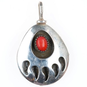 Vintage Navajo Reversible coral bear paw turquoise/shell pendant