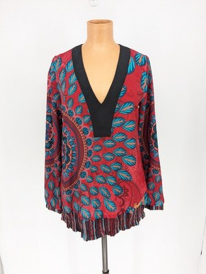 Desigual Womens Boho Blouse Red Blue Mandala Print V-Neck Long Sleeve Top XS