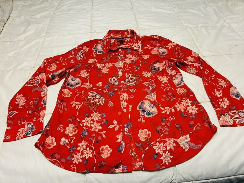 Woman’s Medium Petite Blouse From Talbots Beautiful Red Print