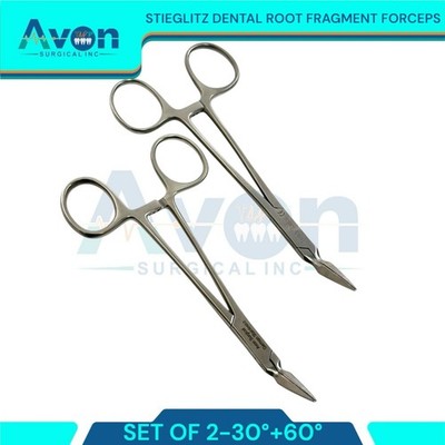 Set of 2pcs Stieglitz Root Fragment Extraction Forceps 30° & 60°, Serrated Tips
