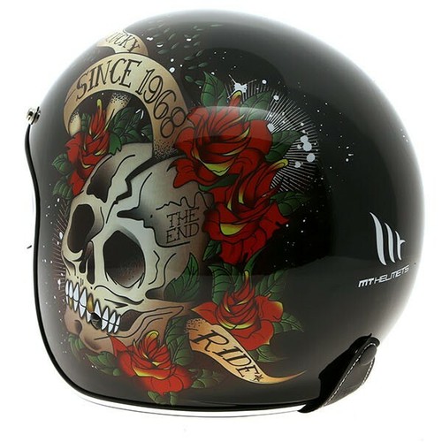 CASCO MOTO JET VINTAGE CUSTOM LE MANS SKULL \u0026 ROSES A1 NERO ROSSO BLACK RED  | eBay