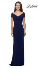 New 348 La Femme Navy Blue Ruched Off The Shoulder Jersey Column Gown Size 16