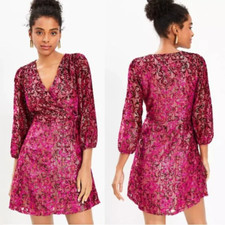 NWT LOFT $120 Shimmer Floral Velvet Wrap Dress Puff V-Neck Pink Purple Size 12