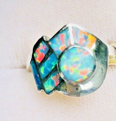 Vintage David Freeland Art Deco Ladies Blue Red Fire Opal Ring 5 3/4 Silver wing