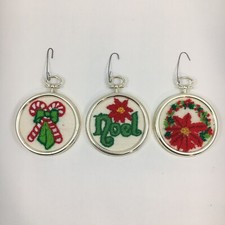 Vtg Needlepoint Christmas Ornaments Noel Candy Cane Poinsettia Gold Frame 2.5"