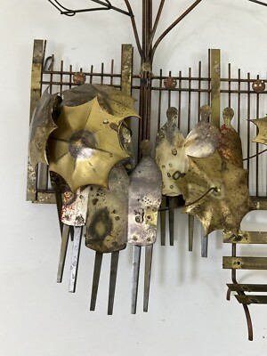 Curtis Jere Rainy Day at the Bus Stop Metal wall Sculpture Mid 