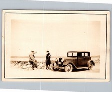1928 Dodge Sedan Coupe Car Couple Outdoor Stone Wall Vintage Bw Photo Snapshot