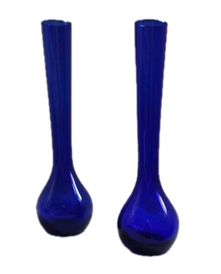 Pair VTG 5.5” Hand Blown Cobalt Blue Glass Stem/Bud Vase Sleek Style Like Blenko