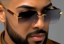 Black Tint Mens Rectangle UV400 Hip Hop Fashion Gold Frame Rimless Sunglasses
