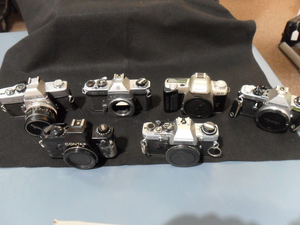 Lot of 06 Pentax (x3) Olympus Minolta Contax Film Cameras + PARTS