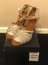 DanceandSway Womens Gold Rhinestone Latin Ballroom Dance Heels Suede Sole 8.5