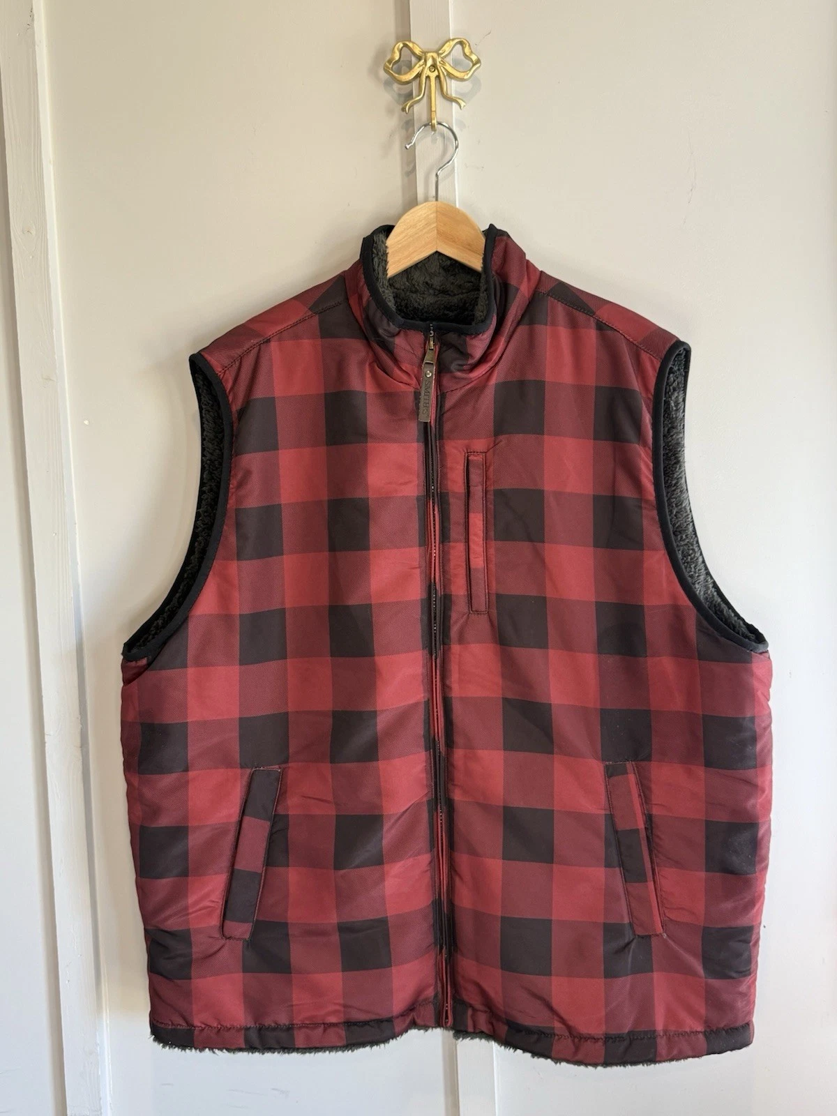 Smith's Workwear Men's Printed Sherpa-Lined Vest Red Buffalo Plaid XL Camping