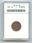1901 Indian Head Cent, Old Smal White ANACS Holder, MS-64 RB, Red Brown