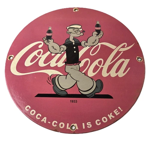 Vintage Coca Cola Soda Sign - Advertisement Popeye Store Porcelain Gas Sign