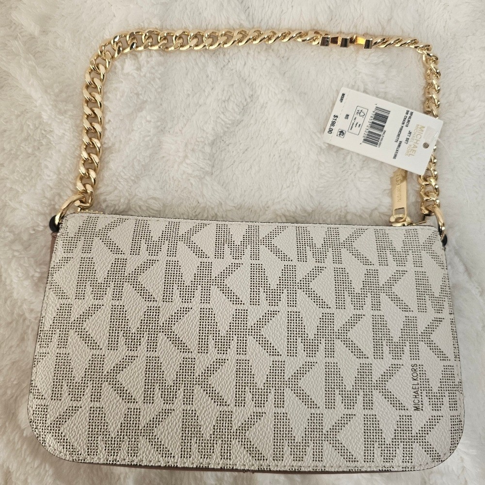 This is a Michael Kors Jet Set Small Chain Pouchette in vanilla/lugg color. thumbnail 2