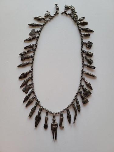 Estate Sale: Vintage Occult Amulet Necklace; "ex votos" charms; 22"