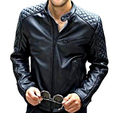 Men's Black Genuine Lambskin Leather Biker Jacket Cafe Racer Motorcycle Coat