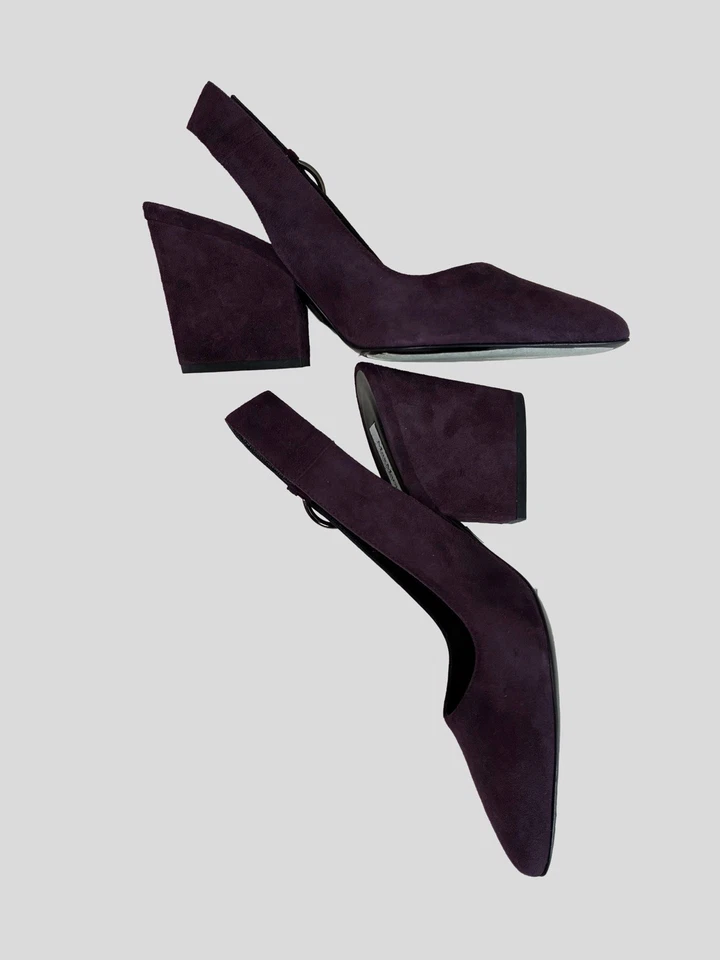 Max Mara Gamuza Eslinga Trasera Púrpura Bomba 3" Tacón Bloque Italia Talla 36.5 Nuevo $515 Foto 2 de 4