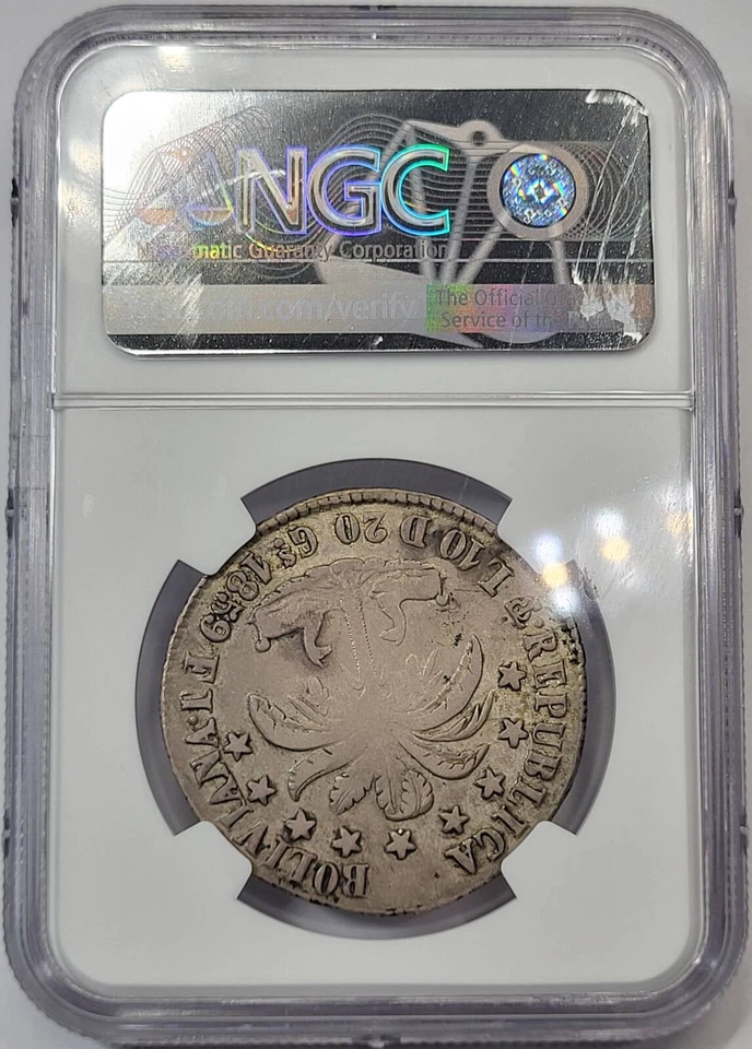 1859 PTS FJ Bolivia Silver 8 SOLES NGC VF-35 Peso 400 Gs - Image 3 of 4