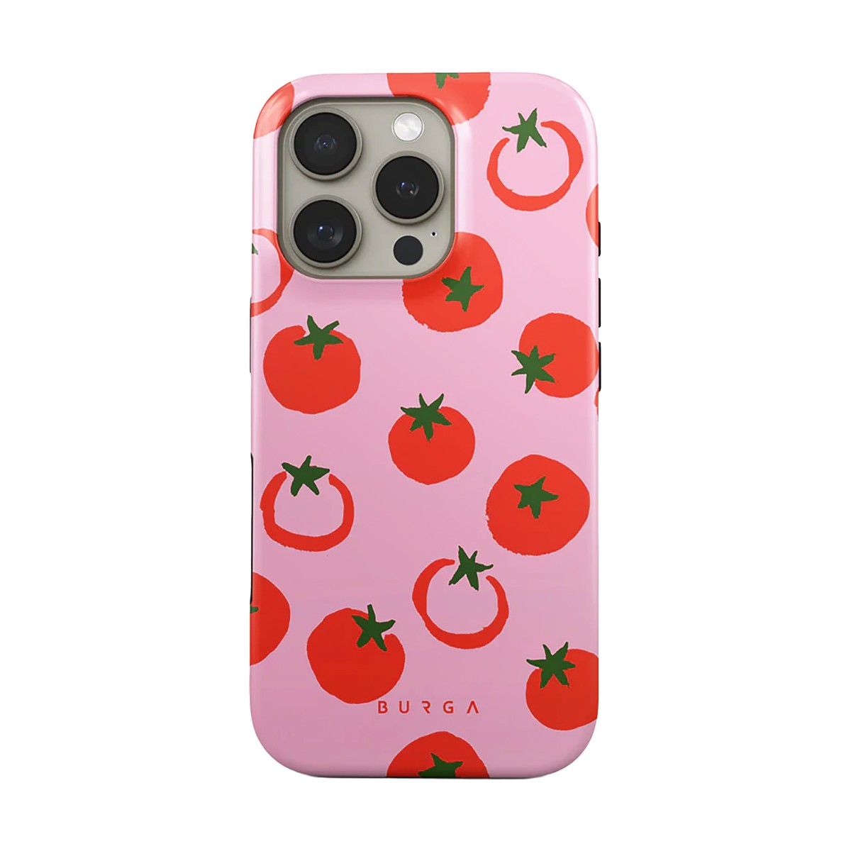 Coque iPhone 16 Pro silicone antichoc durable rose motif tomates Burga