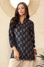 Indian Women BEAUTIFUL Blue Cotton Floral Printed Top Tunic Kurta Kurti Dress