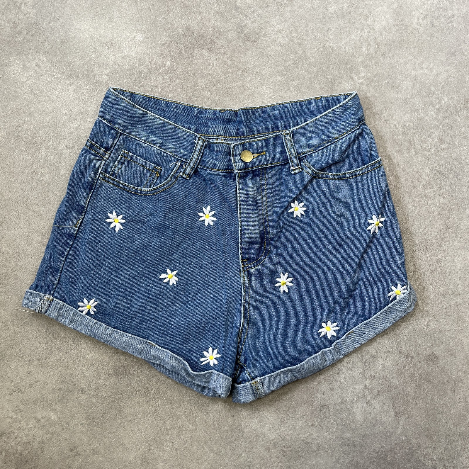 Pantalones cortos de mezclilla para mujer 26" bohemios florales bordados de v...