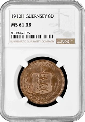 Guernsey 8 Double 1910 H, NGC MS61 RB, "Guernsey-Pfund (1830 - 1966)" - Bild 1 von 2
