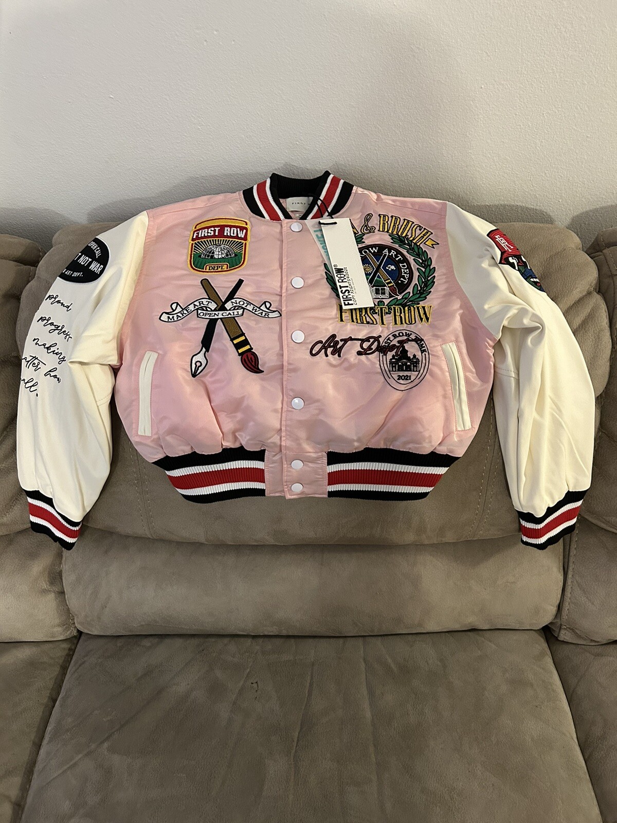 *NUOVO* Giacca donna prima fila con penna e pennello cropped Varsity Tg. (M LG)