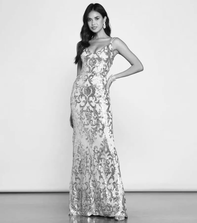 NWT WINDSOR Gray Silver Mesh LILA Open Back Sequin Gown Maxi